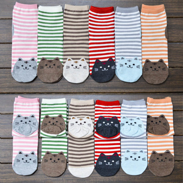Chaussettes rayées tête de chat - lot de 6 paires